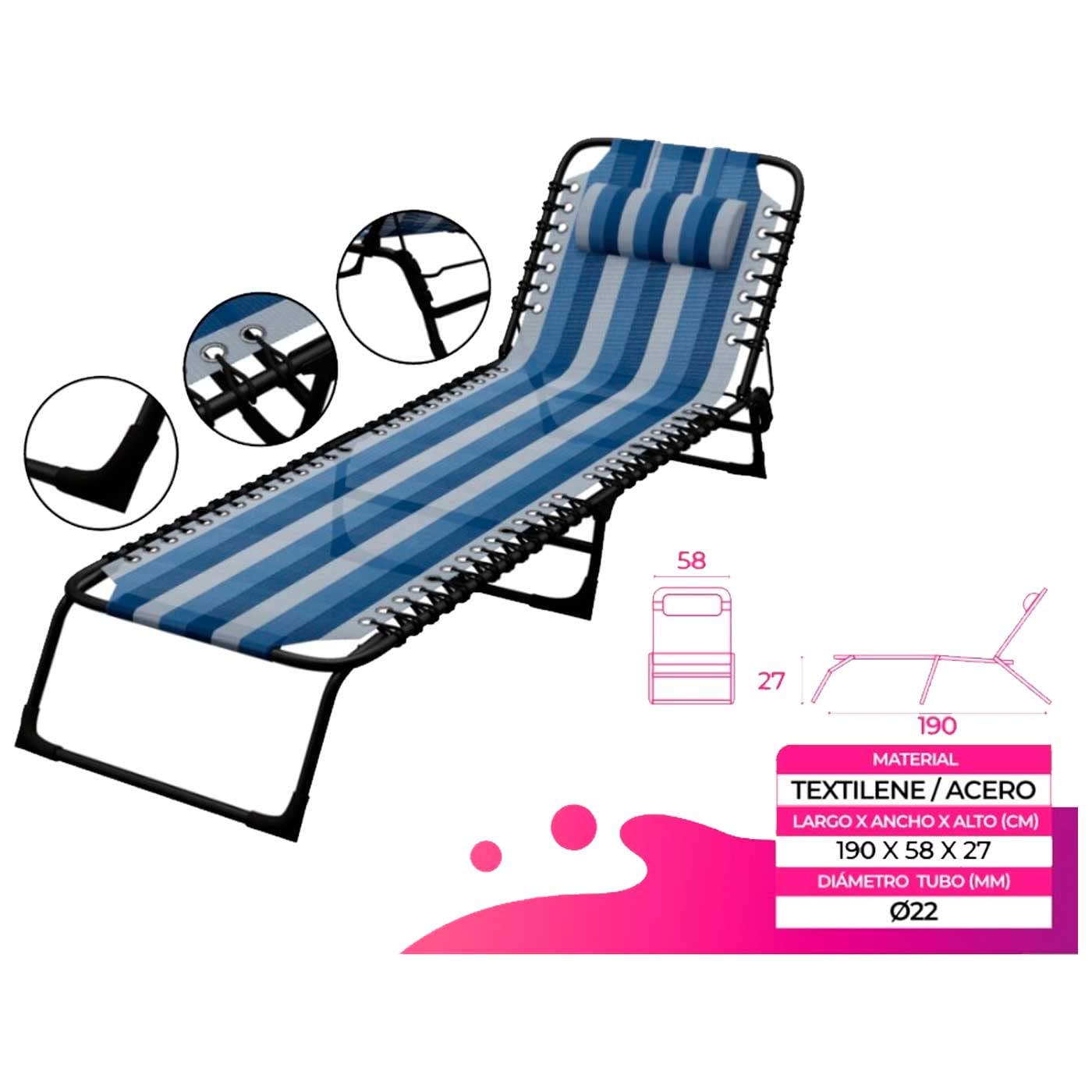 AC Tumbona Plegable de Acero, reclinable, reposacabezas Acolchado, Tejido Resistente. Color Azul Rayado. 190 x 58 x 27 cm