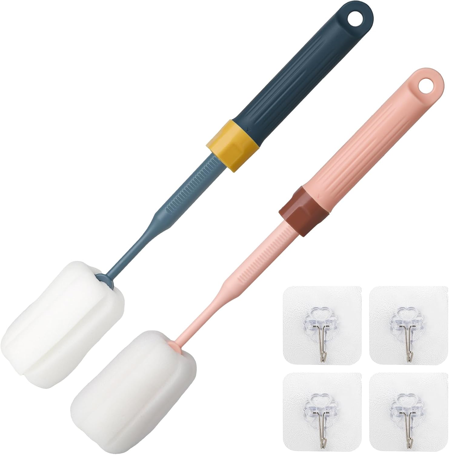 2-Pack Adjustable 12.9" Sponge Bottle Brushes Cleaning Set | High Density Foam Bottle Brush Head Hanging Design with 4 Traceless Hooks Bottle Brush Cleaner for Water Bottle