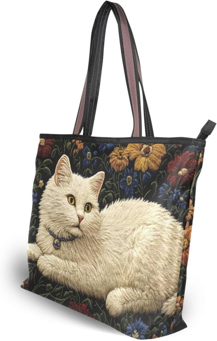 Womens Tote Bags Floral Cat White Print Reusable Grocery Handbag Bags with Zipper Large Size