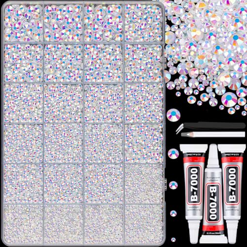 Image of 25000Pcs Resin Jelly Rhinestones with Tweezers for Crafting, White AB Flatback Gems, Bedazzling Crystal with 3Pcs 10ml B7000 Jewelry Glue for DIY Crafts Clothing Tumblers Shoes Fabric Nail Art