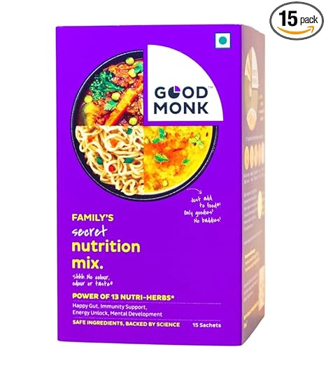 Good Monk Nutrition Mix with Multivitamins, Probiotics, Fibre, Lysine, Ashwagandha & Brahmi. Includes Vitamin B12, C, D, Iron & Zinc. Improves Gut Health, Immunity & Daily Energy - For All Age Groups - 15 Sachets