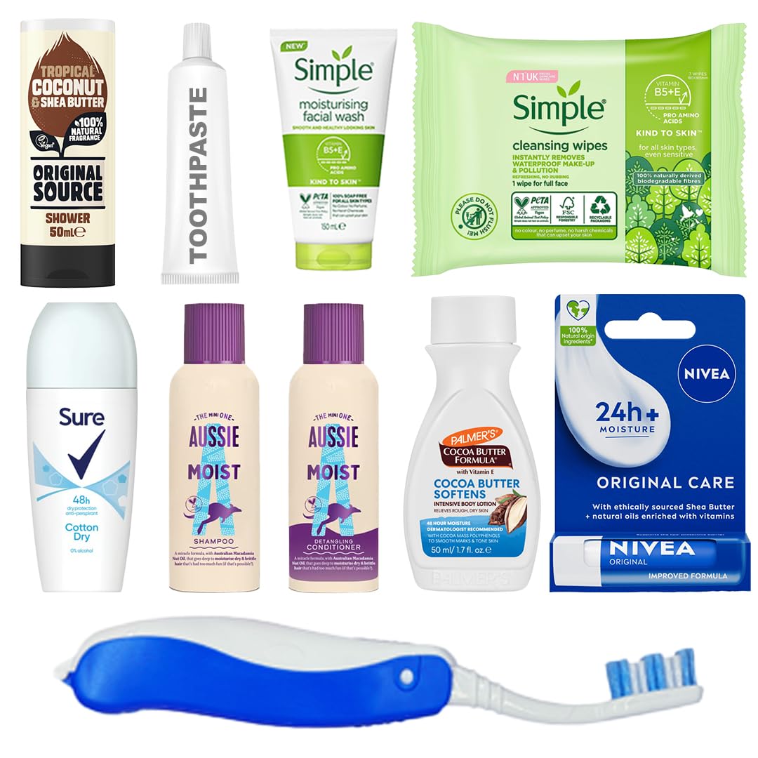 Set di articoli da toeletta da viaggio per donne, mini kit di articoli da toeletta per vacanze, ospedale, pernottamenti, approvato dalla sicurezza aeroportuale, dimensioni da viaggio con borsa di