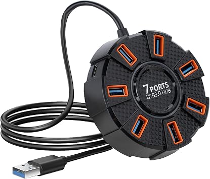 موزع USB 7 منافذ مع كابل بطول 3.9 قدم،موزع موزع USB A 3.0 متعدد المنافذ مع منافذ طاقة/بيانات، موسع محول USB للكمبيوتر المحمول وسطح المكتب والكمبيوتر الشخصي والسيارة وXbox وPS5 ووحدة التحكم 7 منافذ - 3.9 قدم