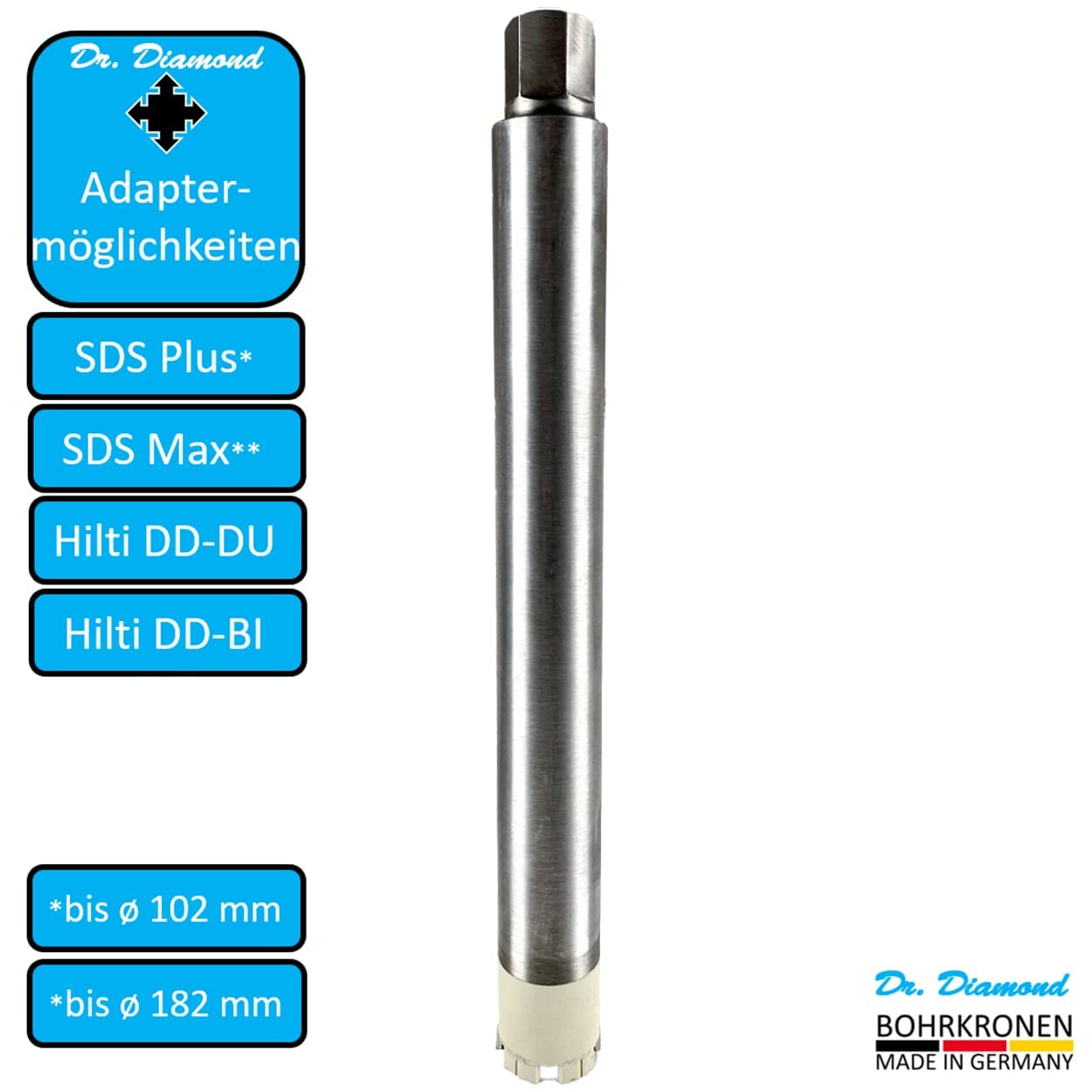 DR. DIAMOND Corona diamantata e punta a carota, ad alte prestazioni, 1 1/4", attacco per calcestruzzo e muratura, lunghezza utile 400 mm, diametro 52 mm