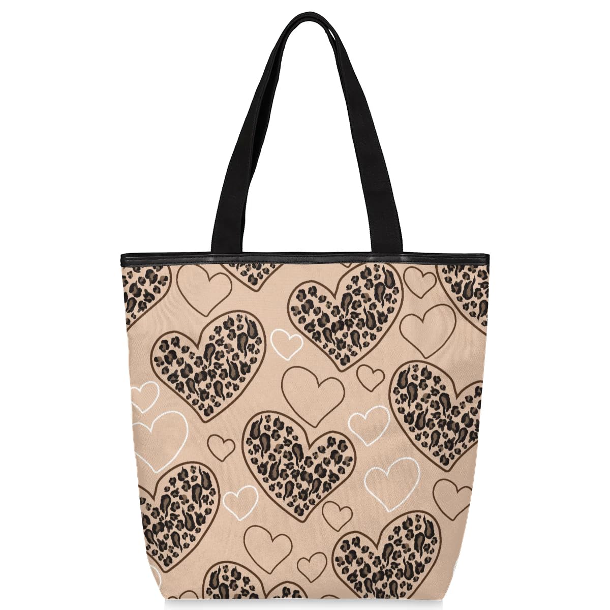 Mularoka Hand Painted Leopard Heart Canvas Tote Bag with Zipper and Pockets Canvas Tote Shopping Bag Women Reusable Grocery Bag for Beach Travel Gym Shopping