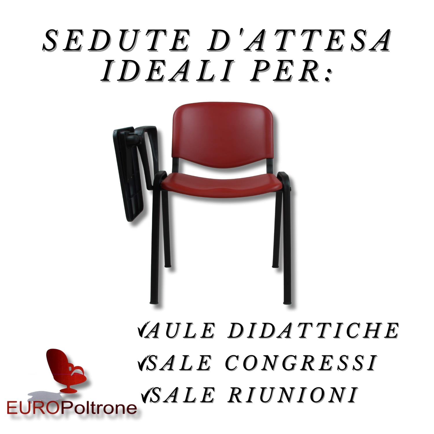 EUROPOLTRONE Kit 10 sedie Rosso ufficio con bracciolo tavoletta sala riunioni in polipropilene Telaio certificato CATAS (Rosso)
