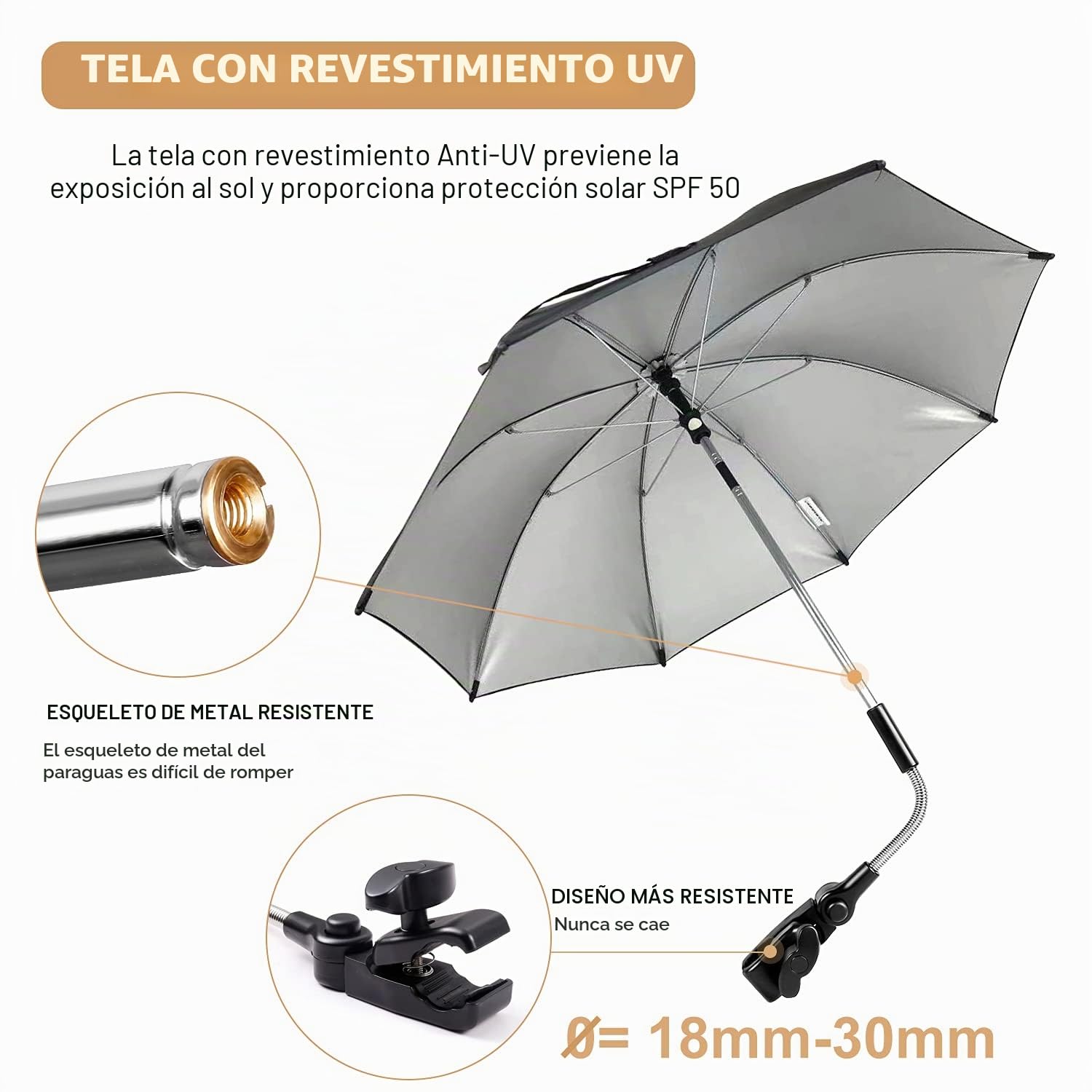 Sombrilla Universal para Cochecito de Bebé, 72 cm Parasoles de Silla de Paseo con Revestimiento UV para Protección UV 50+, con un mango de paraguas, para Cochecito & Silla de Paseo - Negro