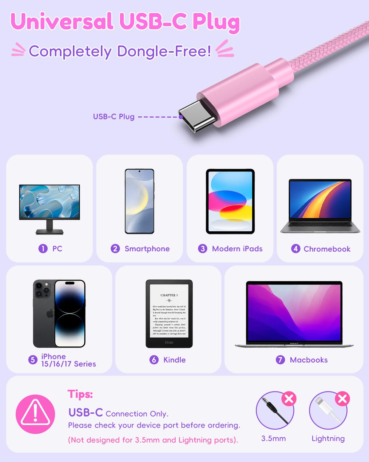 Candy Bila Cuffie per bambini per la scuola, cuffie USB C per bambini, cuffie cablate per bambini, suono stereo HD, cuffie sovraurali pieghevoli per bambini, ragazze, PC, tablet, colore rosa scuro