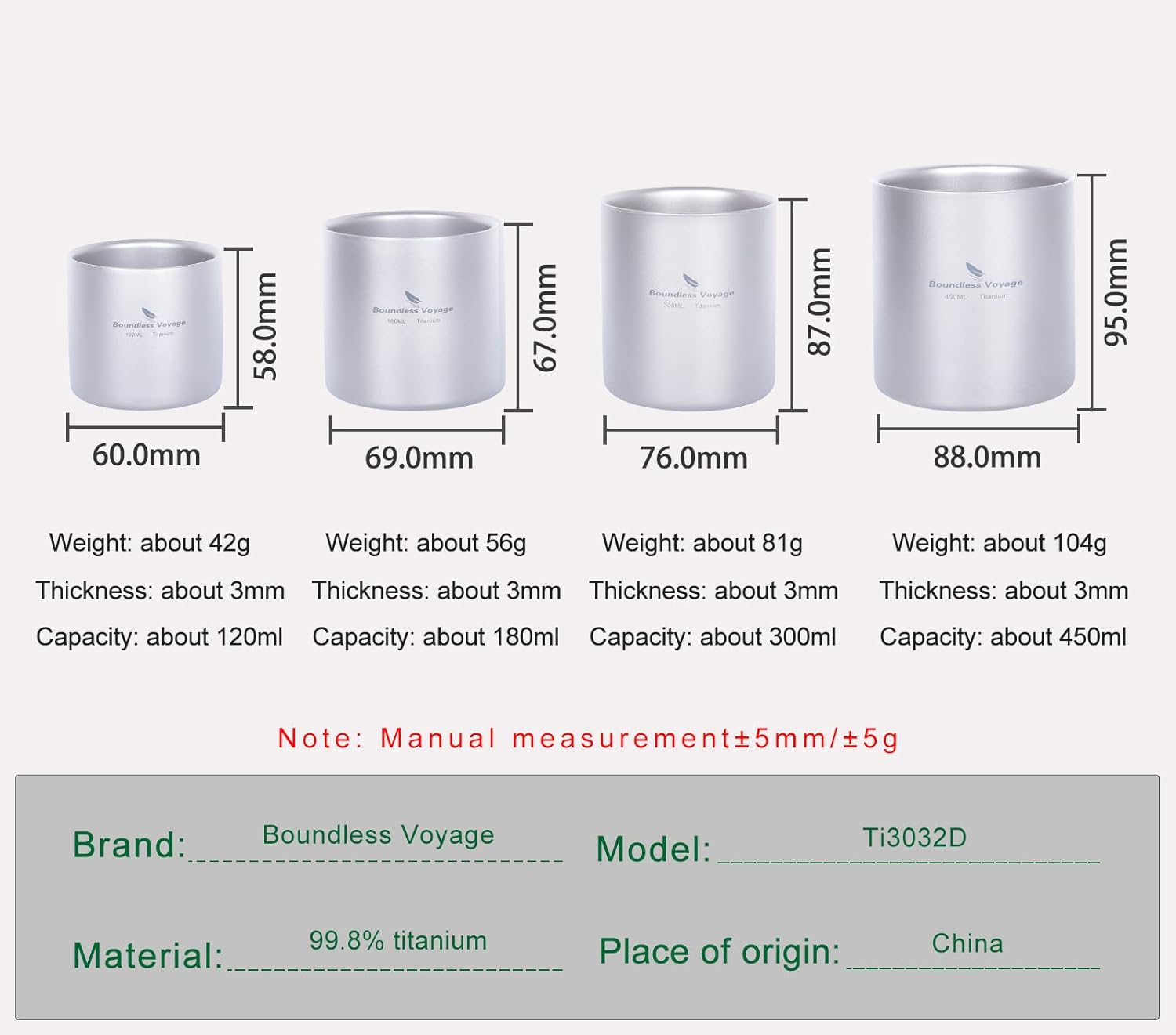 Boundless Voyage Double Walled Titanium Cup Insulated Mug Anti-scalding Outdoor Camping Tableware 120ml 180ml 300ml 450ml (4 PCS)