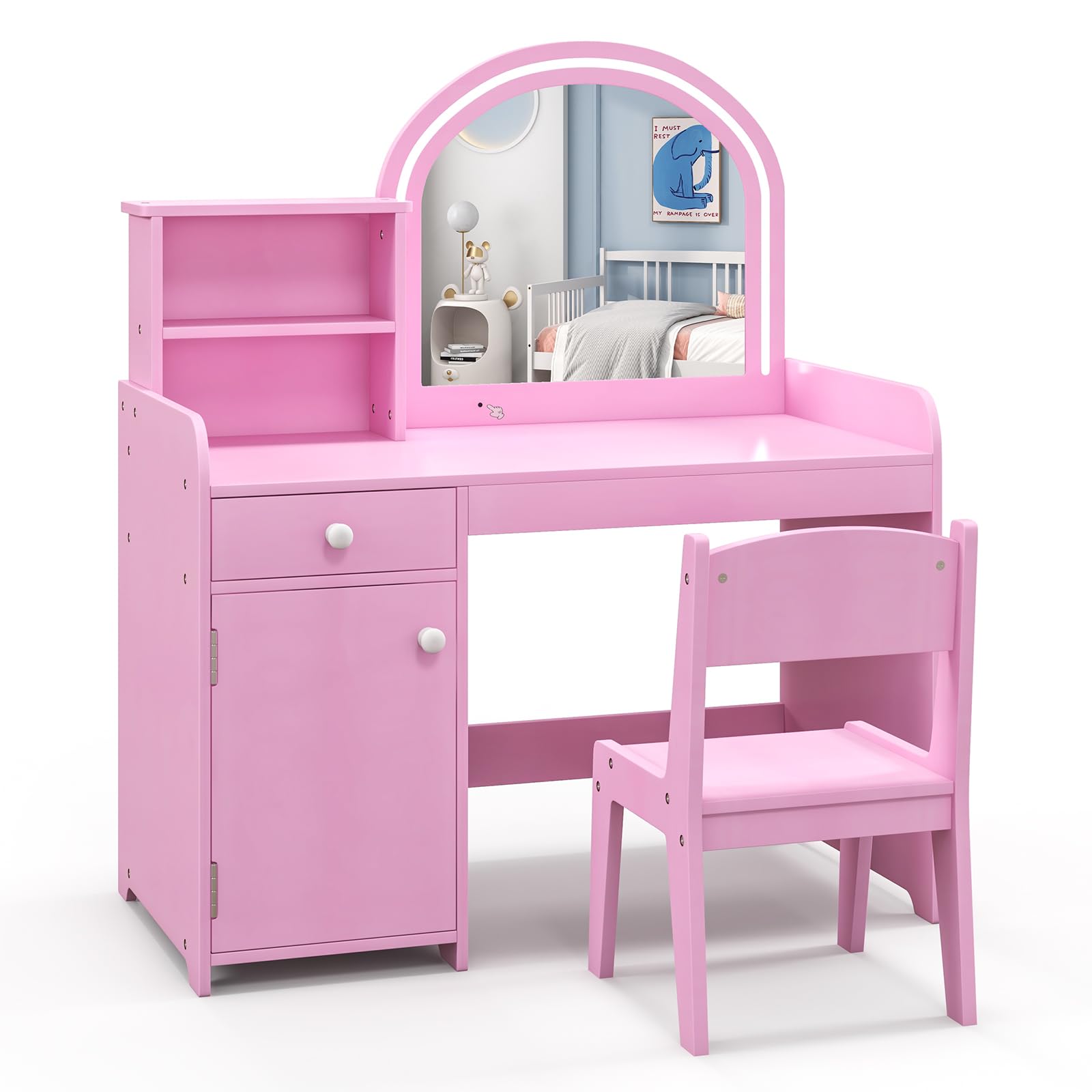 RELAX4LIFE Toeletta Trucco per Bambina con Luci LED, 2 Colori, Specchiera Trucco con Sgabello, Mensole e Cassetto, Toeletta in Legno, per Bambini 3+ Anni (Rosa, L)