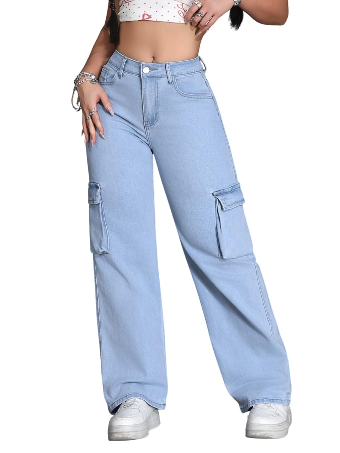 adbucks Women's High-Waisted Wide-Leg Cargo Jeans, Light Blue Denim, Cotton, Multi Utility Pockets, Relaxed Straight Fit-picture-35