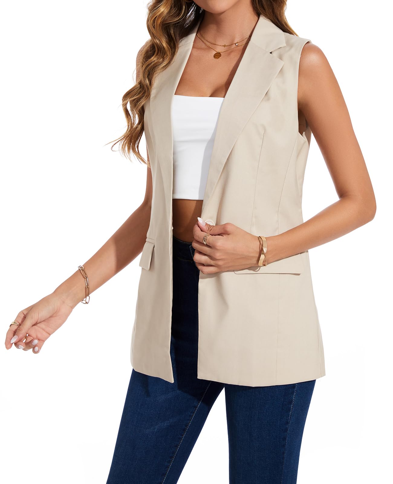Damen Blazer Weste lang ärmellos gefüttert Ein-Knopf-Oberteil