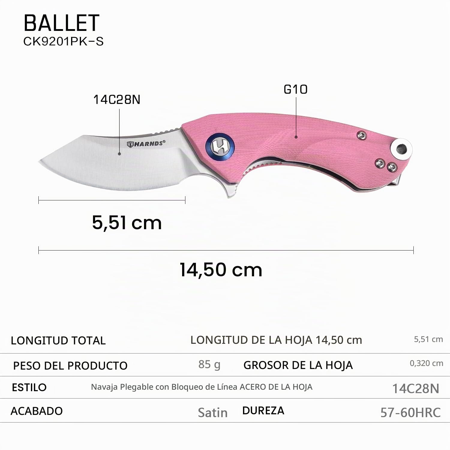 Harnds Outdoor Cuchillo Plegable Hoja Sandvik 14C28N Cuchillo de Camping con Clip de Bolsillo Mango G10 Cuchillo de Camping con apertura de cremallera para la Supervivencia en el Camping (Rosa)