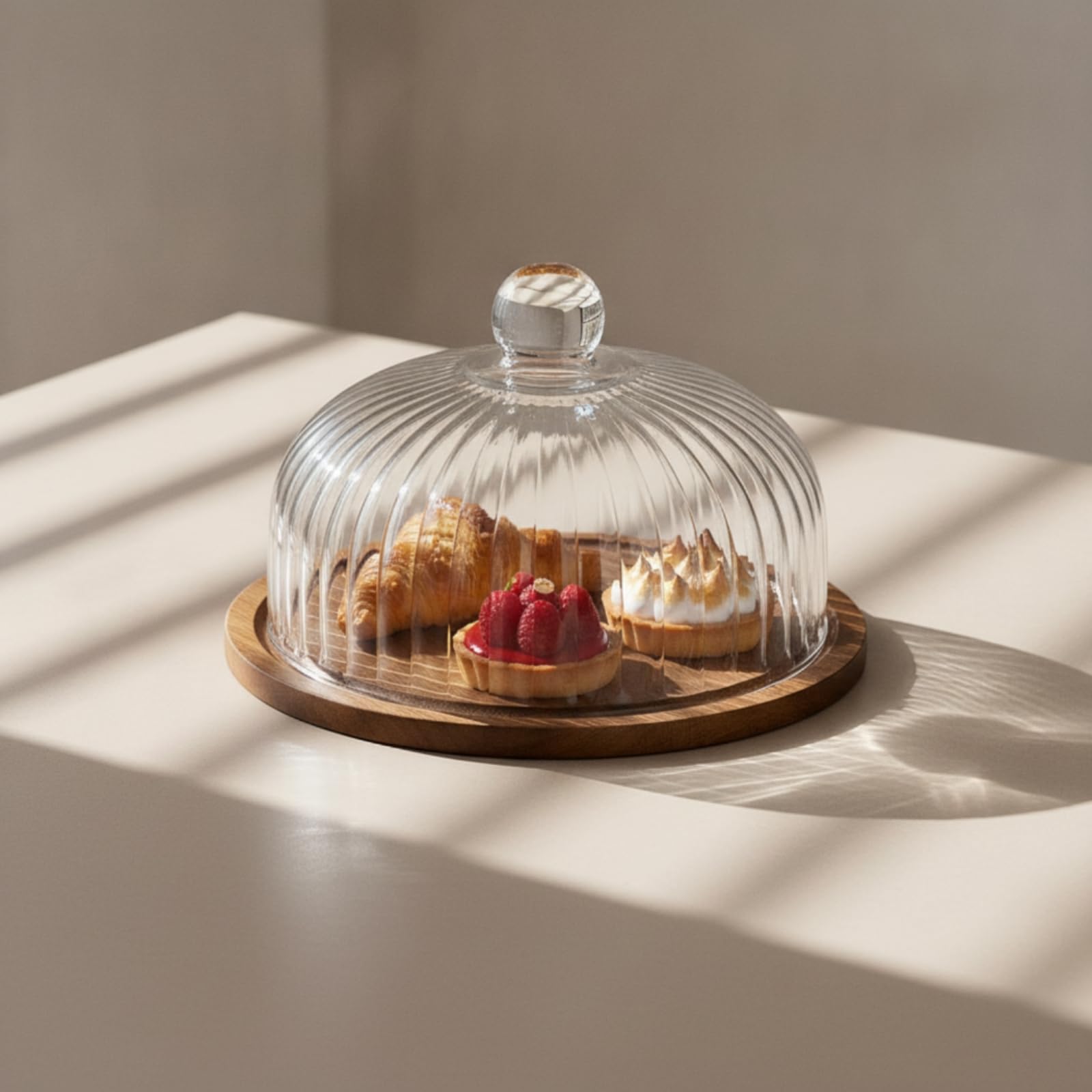 Klar Kuchenplatte mit haube, Große Größe, Akazienholztablett Mit 26-cm-Glasg