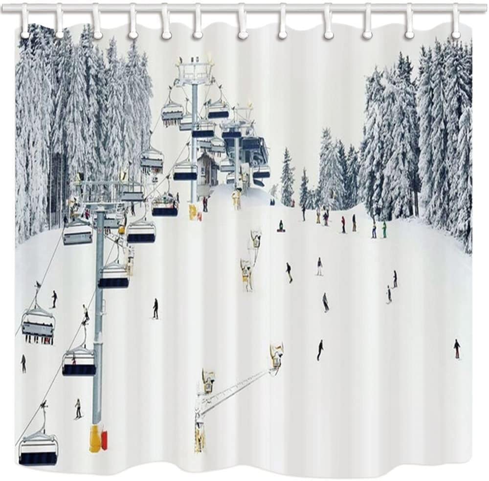 Duschvorhang Set – Berge & Alte Snowboard Motive, Wasserabweisend, 167x183 Cm