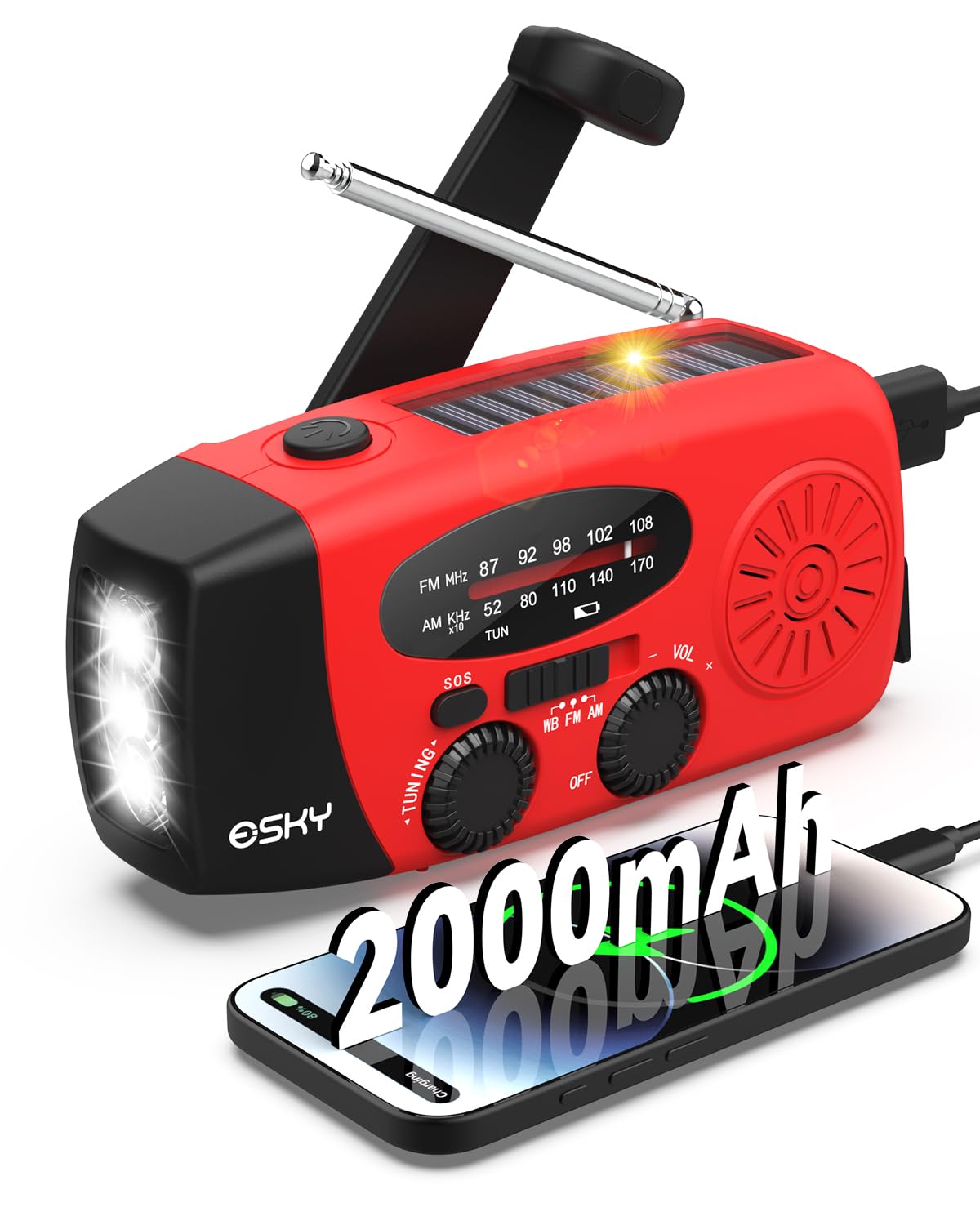 Esky Wind Up Radio, Survival Hand Crank Solar Radio AM/FM Emergency Weather Radio, 2000mAh Rechargeable USB Phone Charger, SOS Alarm, LED Bright Flashlight, for Household and Outdoor Camping, Hiking