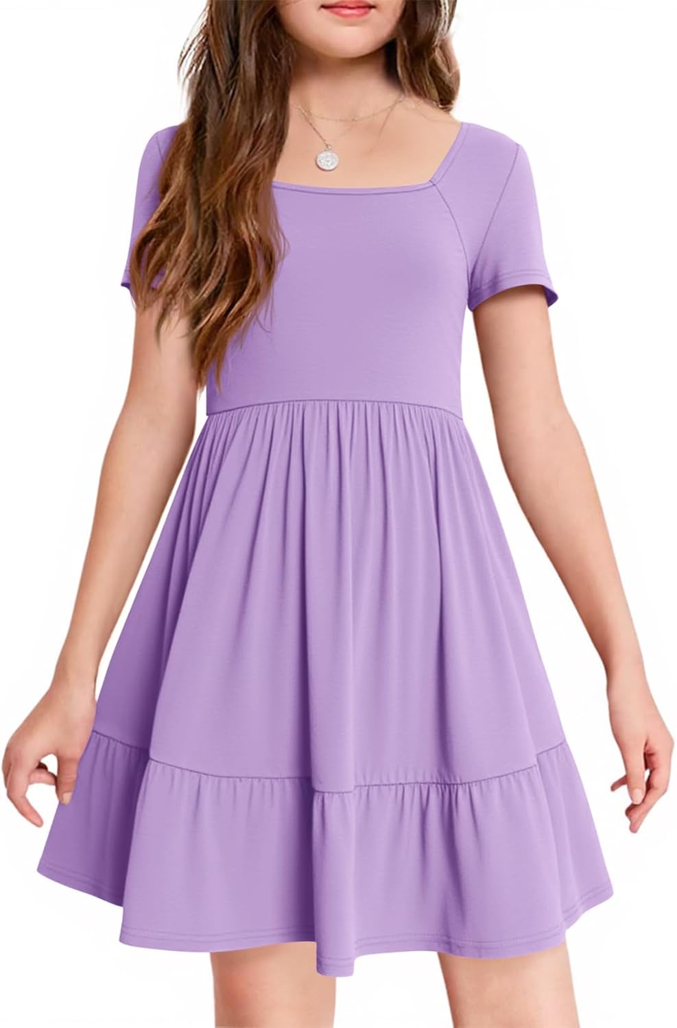 Haloumoning Girls Dresses Kids Summer Short Sleeve Square Neck Dress with Side Pockets 5-14 Years