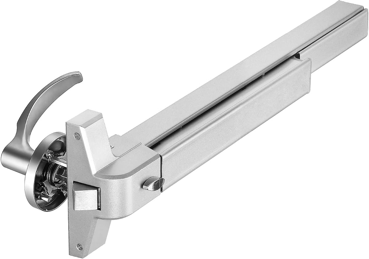 Dispositivo de salida de pánico con barra de empuje para puerta comercial con palanca exterior - Barras de pánico de acero inoxidable de 31,5"/80 cm para puertas de salida, herrajes para puerta de pánico de salida de emergencia para puerta de metal de madera de 32"-48", color plateado