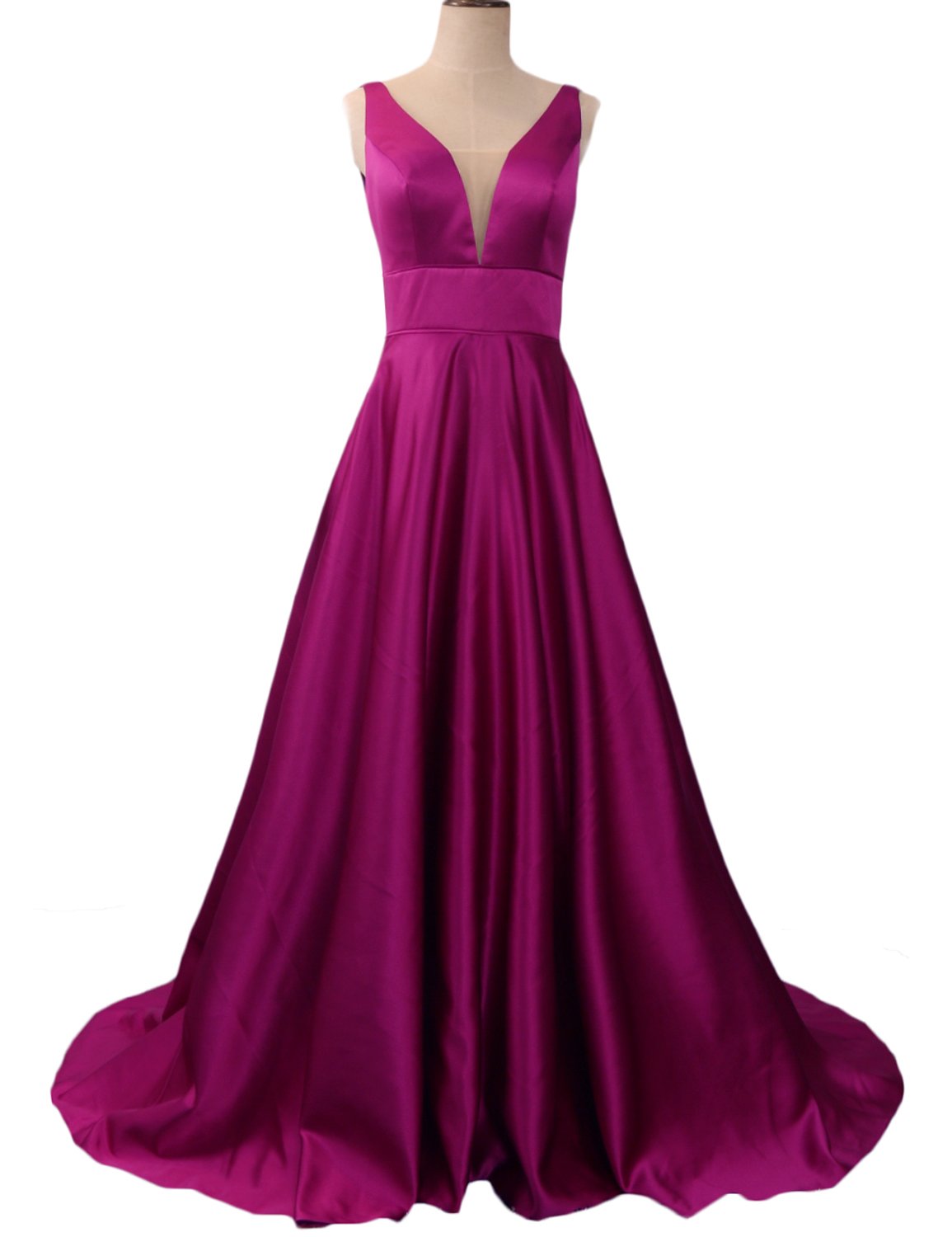 Vestido largo de graduación con bolsillos de satén con cuello en V profundo con inserto transparente sin espalda E158