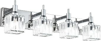 Modern Crystal Bathroom Vanity Light 4-Light Wall Light Fixtures Over Mirror Chrome Vanity Lighting for Bathroom Square Shade Wall Sconce