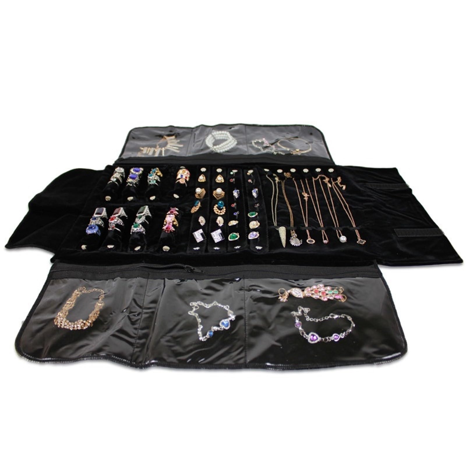 Rollentasche FüR Schmuck Tragbare Aufbewahrungstasche aus Samt mit Reißverschluss for Schmuckrollen, Ringe, Halsketten, Ohrringe, zusammenklappbar(Black)