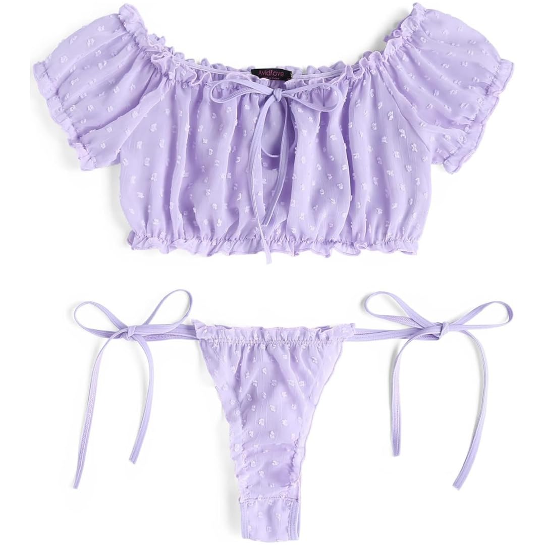 Sexy outfit Damskie seksowne biustonosze i majtki w kropki komplety bielizny Babydoll Strappy przezroczyste wykończone frędzlami bielizna z uroczą kokardką G String