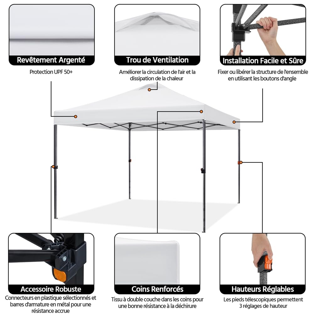 Yaheetech Tonnelle Pliante 3×3m Hauteur Réglable UPF 50+ Imperméable Blanc | Résiste au Vent, avec Sac de Transport Sac de Sable Cordes et Piquets, pour Mariage Camping Jardin Fêtes Foire