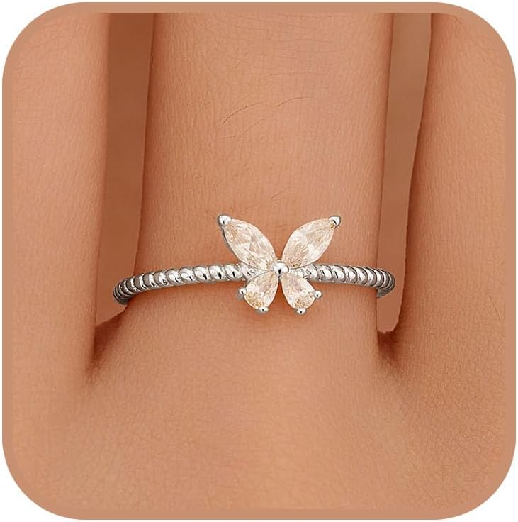 CZ Butterfly Ring for Women 925 Sterling Silver Cute Simple Promise Rings 14K Gold Plated Dainty Trendy Hypoallergenic Stackable Minimalist Wedding Ring to Daughter Mom Mother’s Day Jewelry Gift