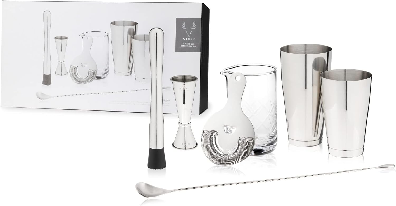 Viski Bartender Kit for Mixed Drinks and Cold Brew Cocktails, Includes Boston Cocktail Shakers, Mixing Glass, Jigger, Muddler, Strainer, Bar Spoon for Home Bar, Gifts for Men, Bartender Gifts, 7-Piece