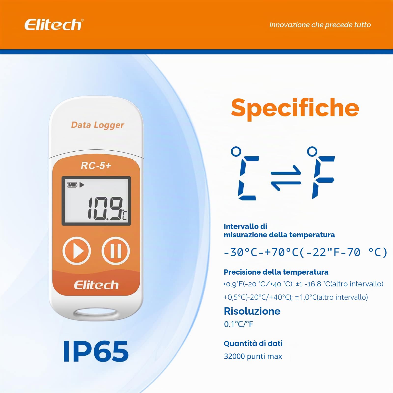 Elitech RC-5+ Data Logger Temperatura USB 32000 Punti PDF CSV Mac PC
