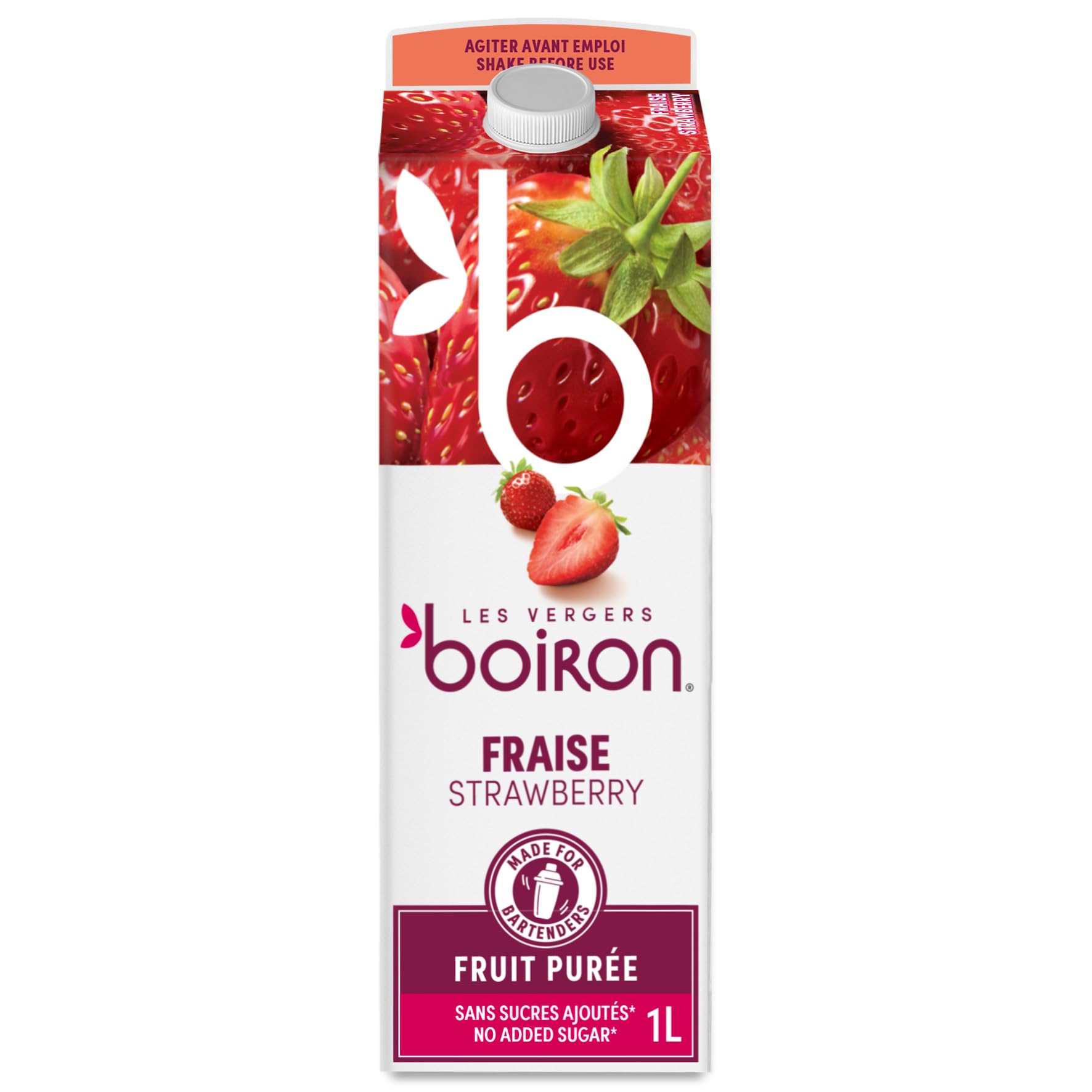 Boiron Purée de fraises sans sucre ajouté, arômes, colorants ou conservateurs - Parfait pour les cocktails, les desserts, la pâtisserie et la crème glacée - 1 litre