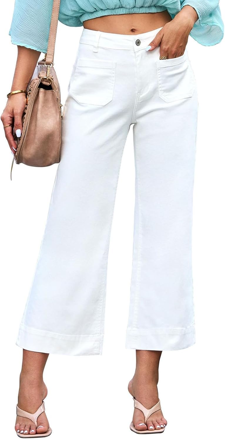 Womens Jeans High Waisted Wide Leg Flare Cropped Denim Jeans Straight Leg Stretch Jean Capris Casual Trendy Ankle Pant