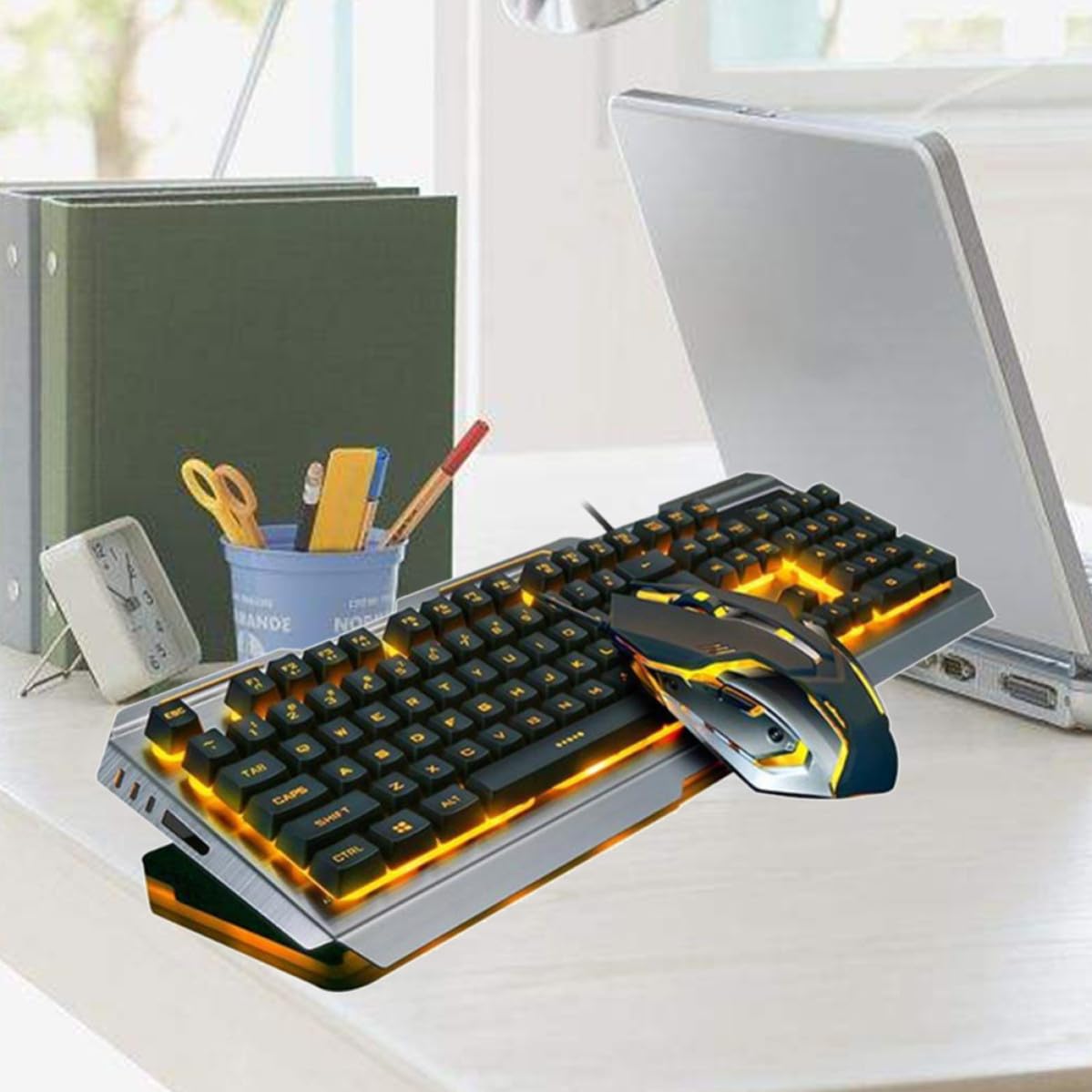 MAGICLULU Conjunto de Teclado Mecánico y Ratón Ergonómico para Juegos Teclas Flotantes y Función Multimedia Fn en Color Negro y Diseño Retro USB