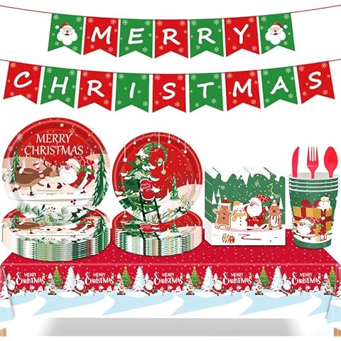 Christmas Snowman Party Supplies,Severs 24 Disposable Party Dinnerware Include Paper Party Plates, Cups, Napkins, Straw, Fork Knives Spoons,Tablecloth and Merry Christmas Banner Cover