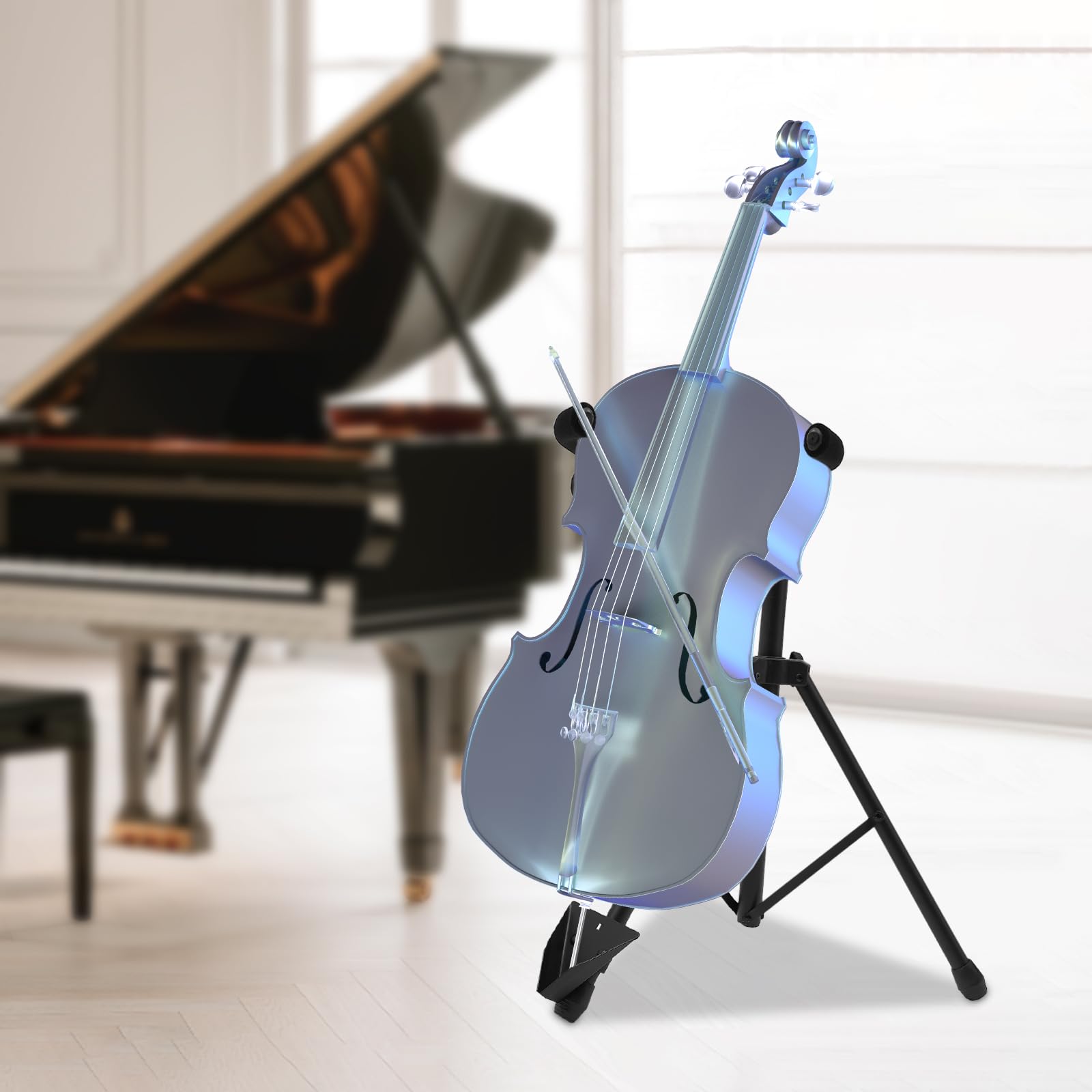 Cello Stand with Bow Hanging Hook, Foldable Black Mental Tripod Stand Violin Stand Adjustable Height for Cello Home School Studio