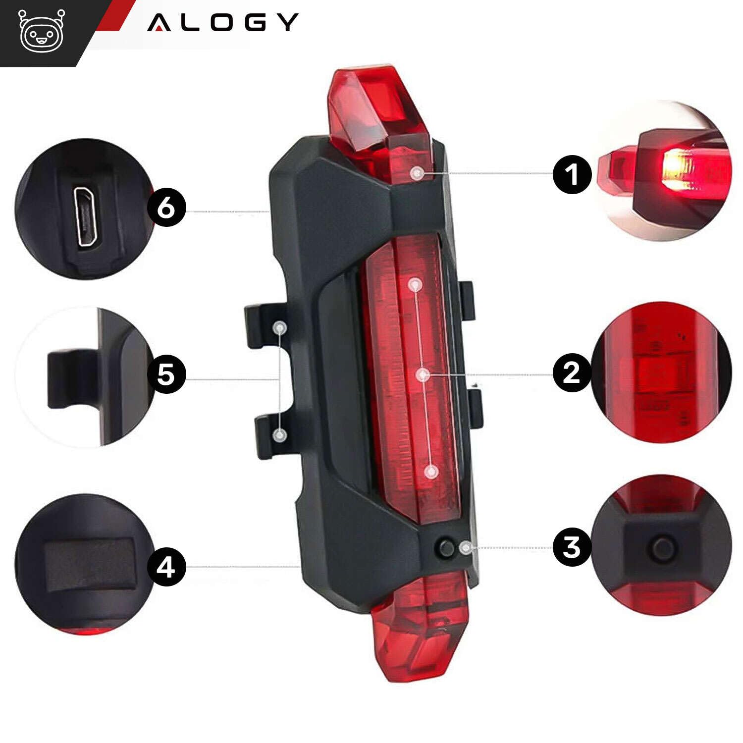Alogy Lampka Rowerowa Przód + Tył Led Przednia Tylna Lampa Światełko Usb Na Rower