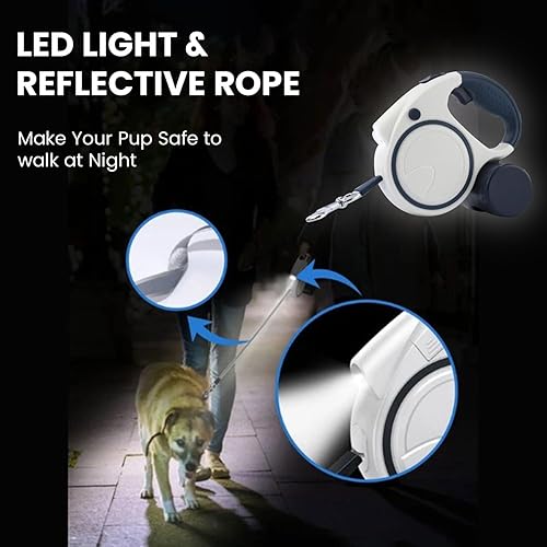 Miniatura 4 de Best Dog Supplies - Correa retráctil con linterna y dispensador para un paseo seguro y cómodo con tu mascota, correa blanca de 16 pies para perro,
