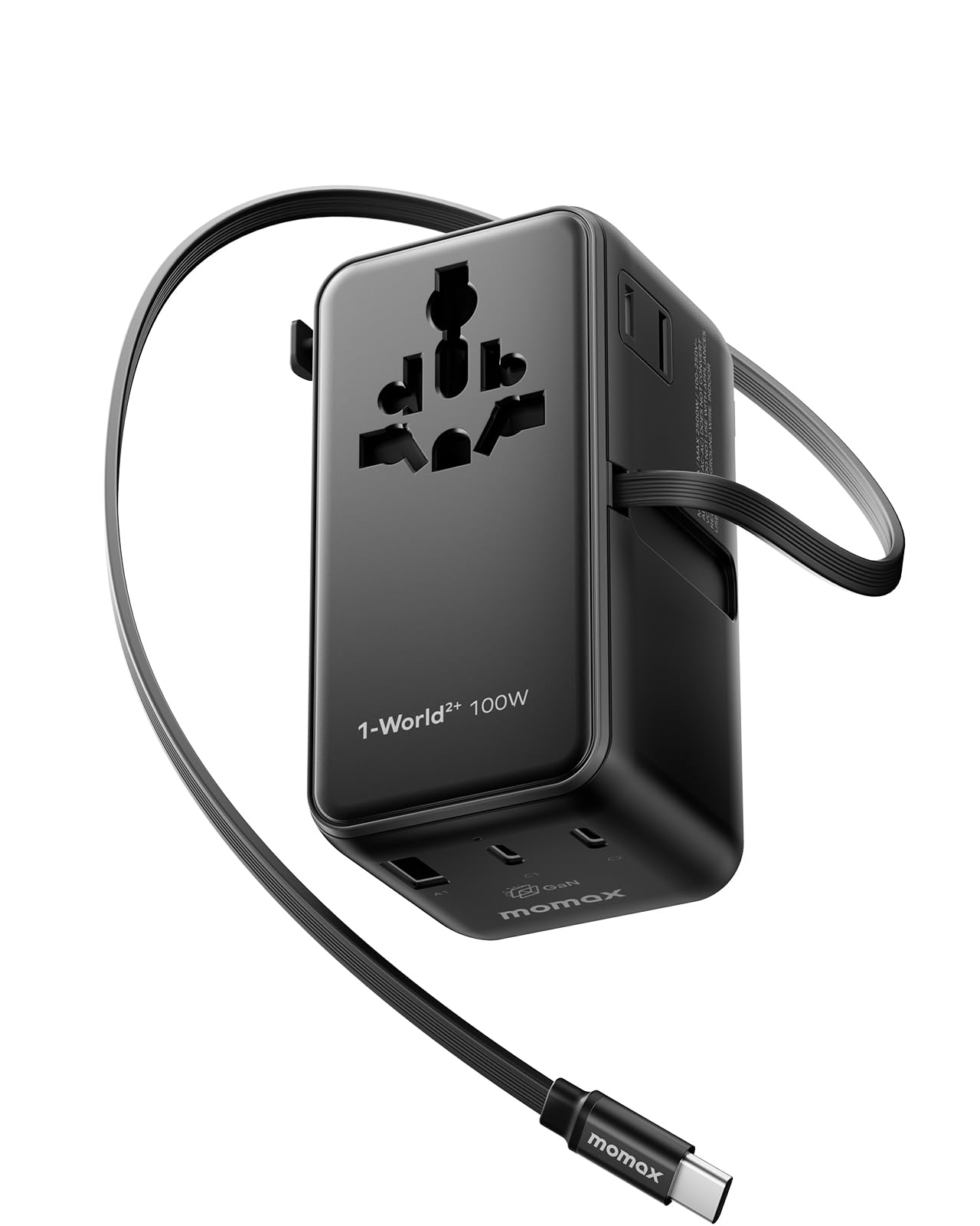 MOMAX Adattatore da viaggio universale da 100 W con cavo estensibile, spina da viaggio universale con 2 prese CA, 3 porte USB C e 1 porte USB A, adattatore da viaggio internazionale - Nero