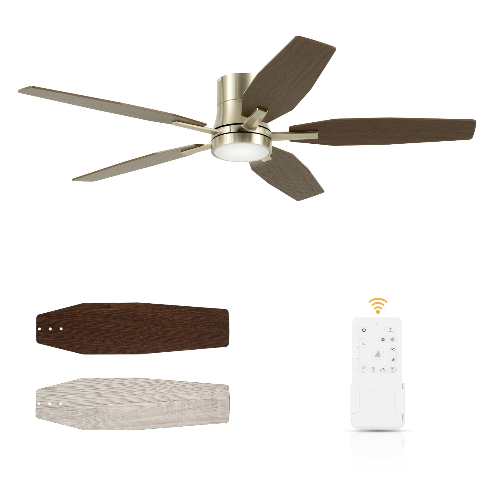 Photo 1 of FANSHAIN 52" Flush Mount Ceiling Fan - 5 Blades Ceiling Fan with Light for Living Room and Bedroom - 5000 CFM - Quiet DC Motor - Dimmable - Reversible Function - Light Wood Tone/Dark Brown
