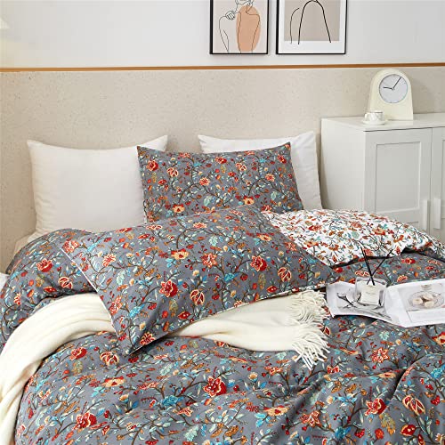 Pinkmemory Queen Duvet Cover Garden Floral 100% Cotton, Reversible Grey And White Paisley Red Flower Pattern Bedding Duvet Cover Set Full Queen With Pillowcases Soft Durable Zipper #TOP3