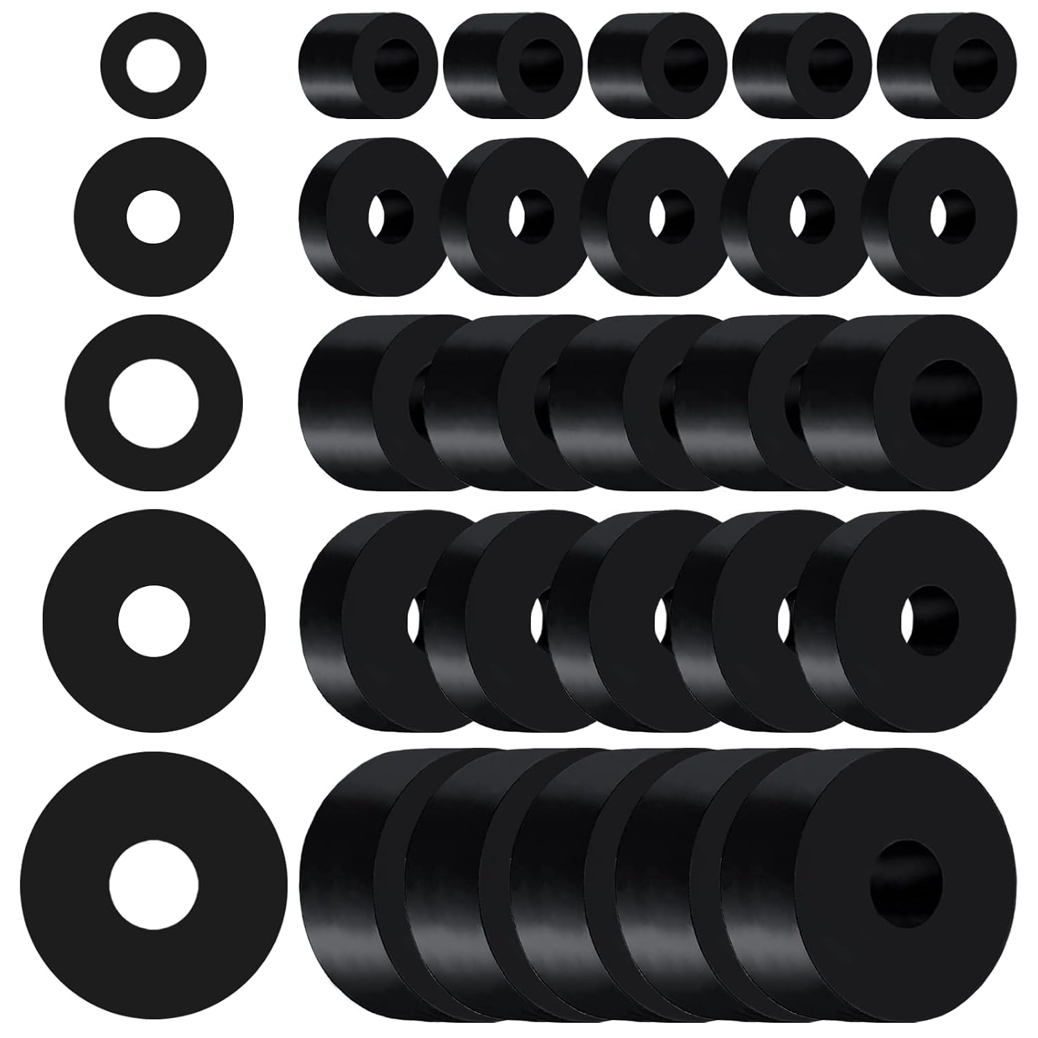 30 PCS Rubber Spacer 5 Sizes Black Non-Slip Thick Grommets Vibration Isolation Round Rubber Flat Washers Spacers Washers for Home and Car Accessories