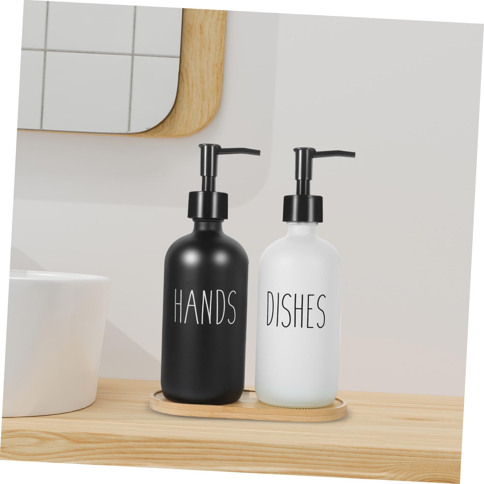 Dispensador de Jabón Líquido de Vidrio 500ml, Juego de 1 con Bandeja de Bambú, Reutilizable, para Baño y Cocina, Fácil de Presionar