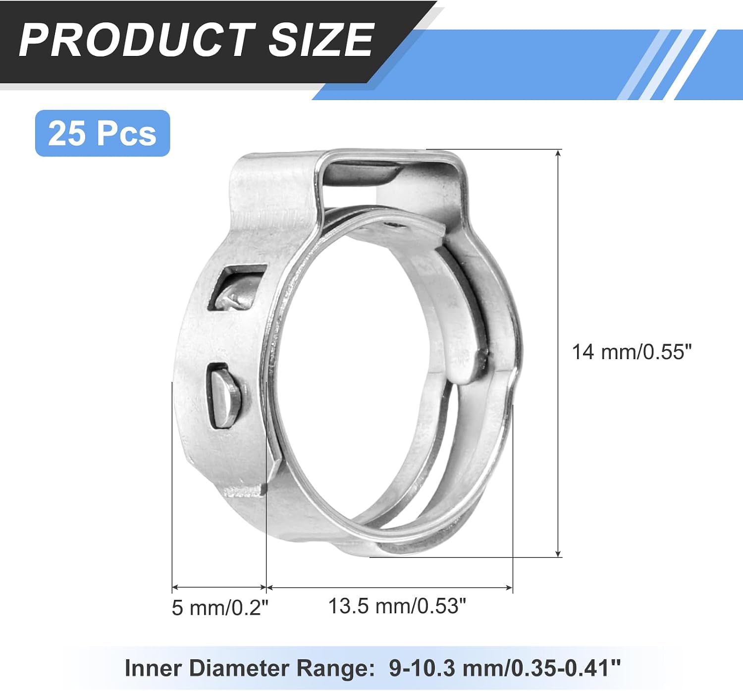 MECCANIXITY 25Pcs 9-10.3mm Single Ear Hose Clamps 304 Stainless Steel Polished Stepless Hose Clamp for Automobile Pipe Connections Home Appliance Wiring and Pipes, Silver