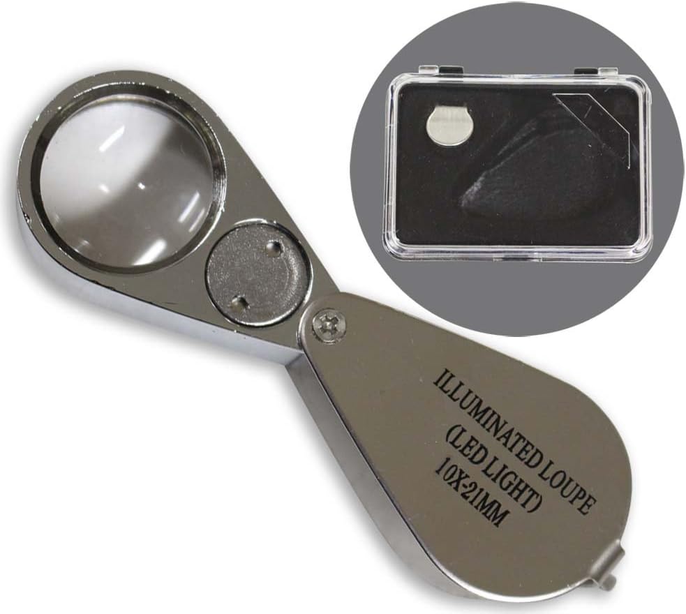 Triplet Glass Lens Jeweler's Loupe with LED | 10X Magnification Power & 21mm (2.1 cm) Lens | Swivel Design & Chrome Finish | 2-LED Light System | Protective Case