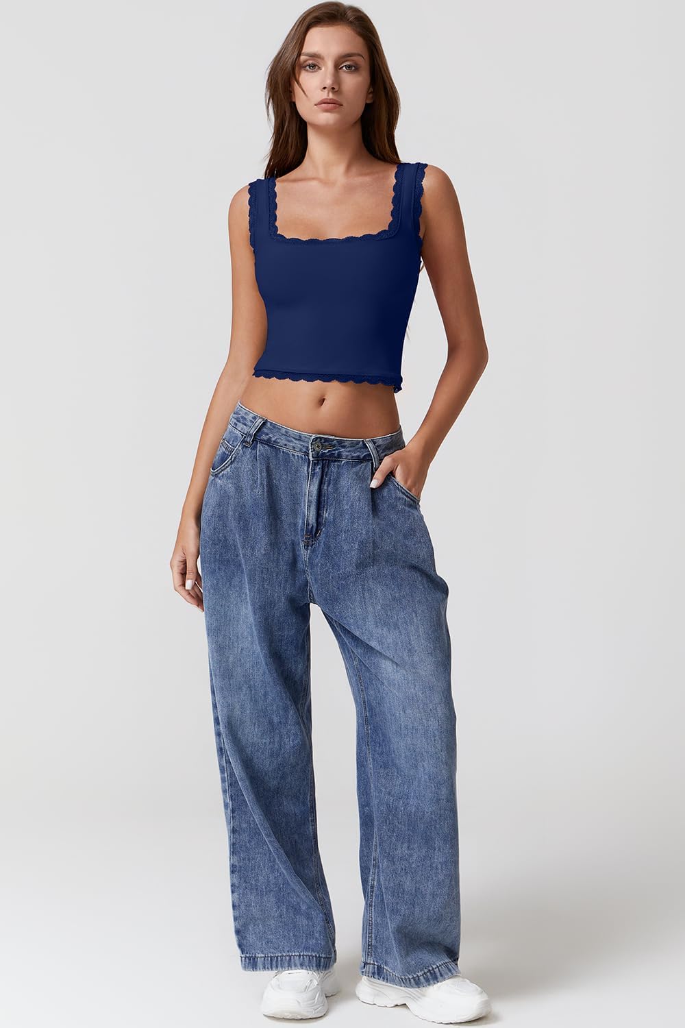 QINSEN Womens Square Neck Lace Trim Tank Tops Double Lined Slim Fit Summer Going Out Y2k T Shirts - Image 5