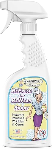 Grandma's Secret ReFresh N ReWear Spray Elimina instantáneamente arrugas y olores Liberación de arrugas, spray refrescante de tela, sin cloro,