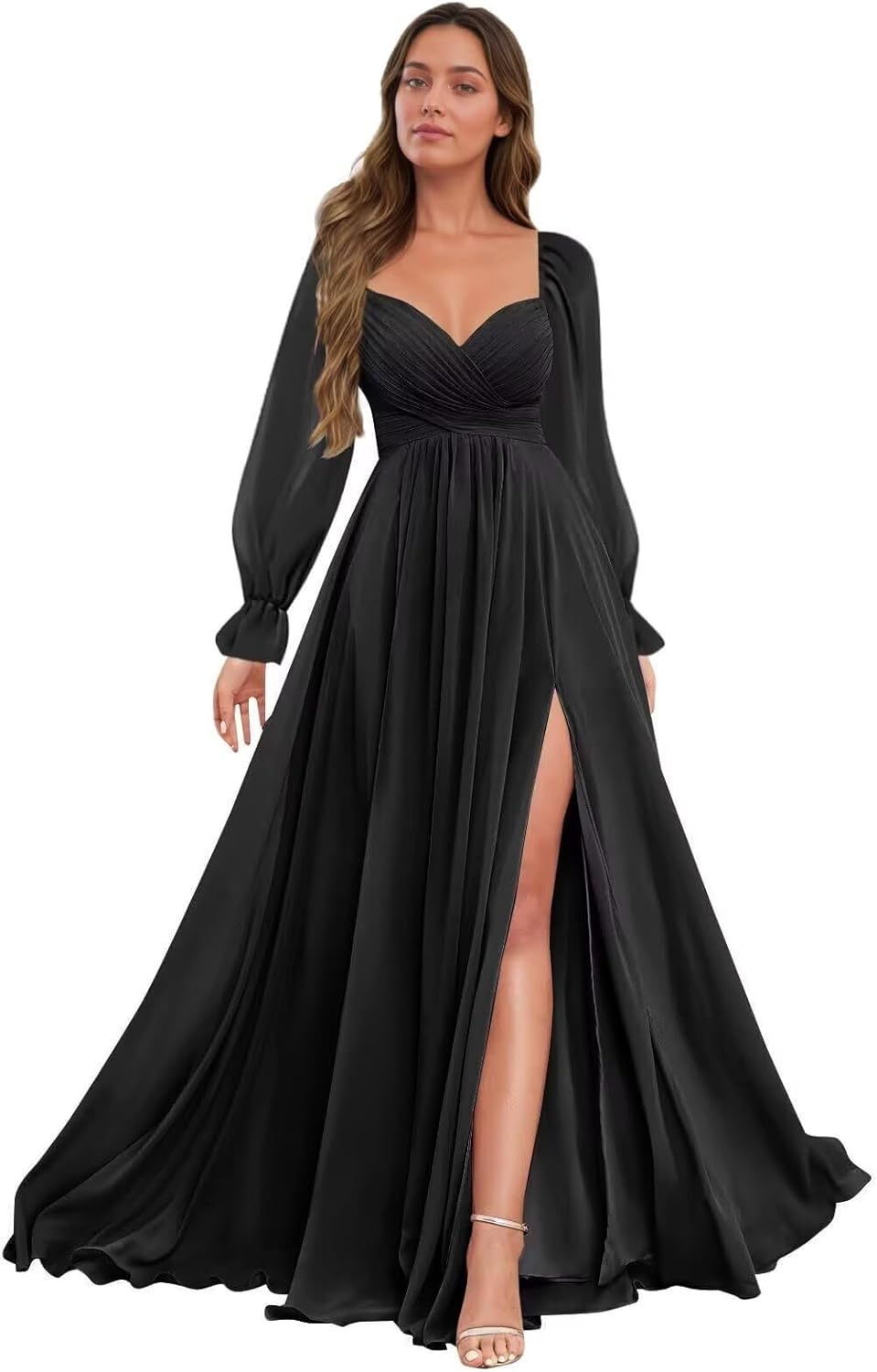 Long Sleeve Bridesmaid Dresses for Women Chiffon Pleated Formal Evening Gowns with Slit BD021
