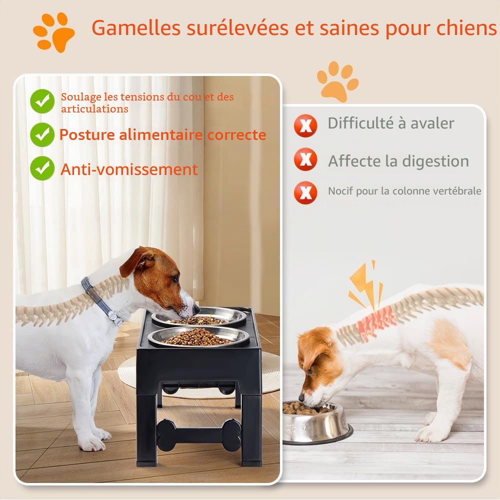 Marchul Gamelle Chien Surélevées de 4 Hauteurs Ajustables, Gamelle pour Chien avec 2 Bols en Acier Inoxydable, Pliable, Antidérapant, Convient aux Petits, Moyens et Grands Chiens