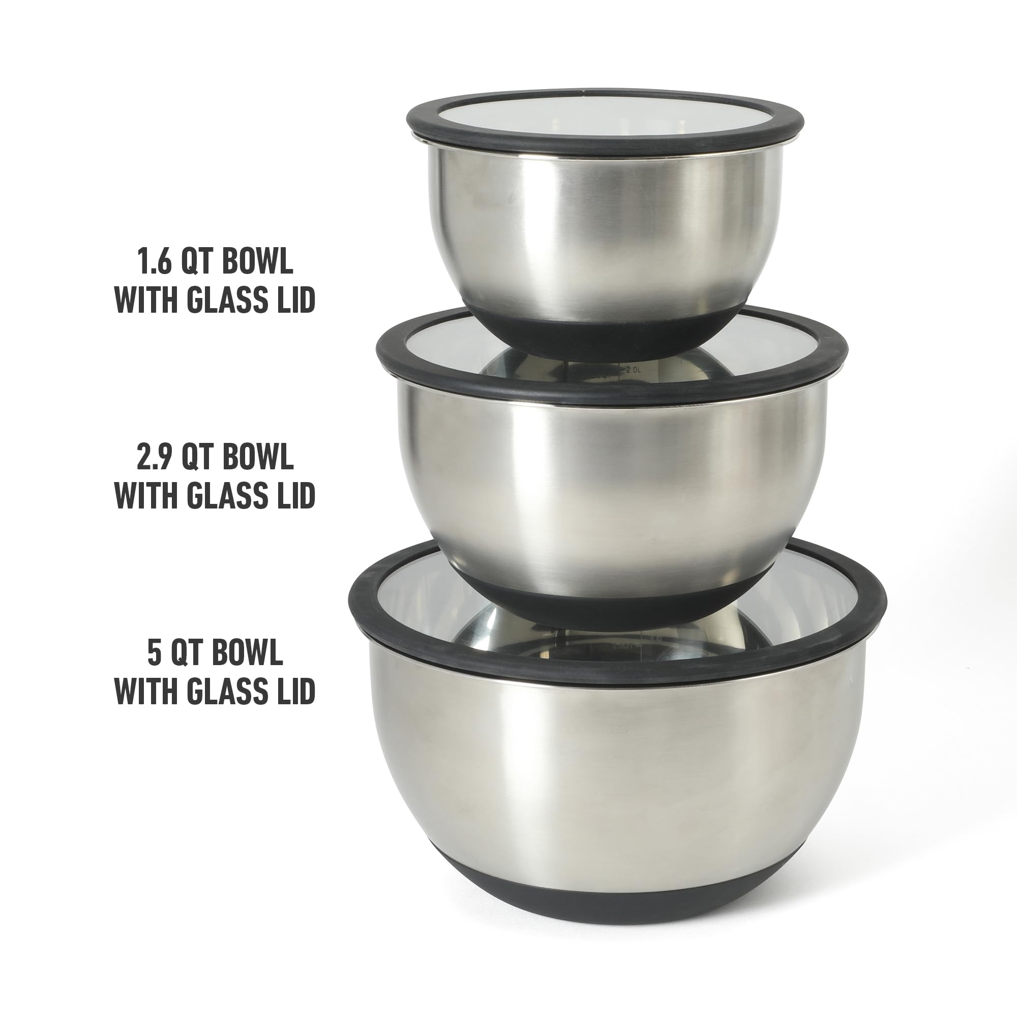 Calphalon Orbit Rührschüssel-Set mit Glasdeckel und rutschfestem Silikonboden, 3-teilig