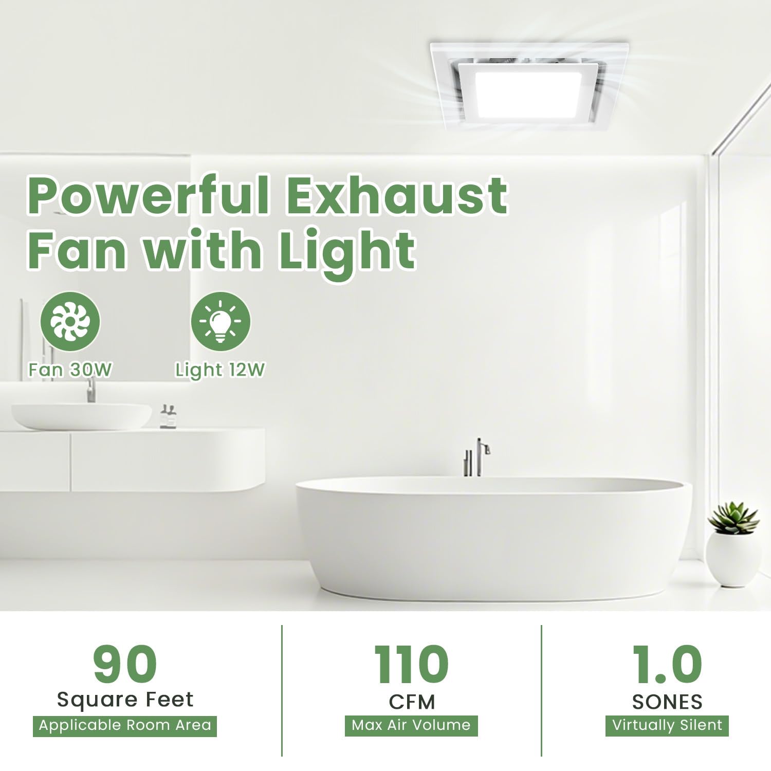 Ventilador de escape de baño de 10 pulgadas con luz, ventilador de ventilación con luz 6000 K 110 CFM silencioso ventilador de baño con conectores de cable de palanca y conducto